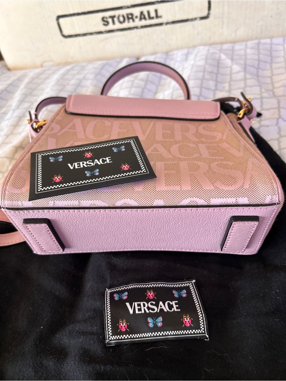 Versace Pink Lilac Jacquard Top-Handle Satchel with Gold Hardware